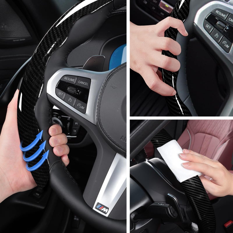Aotoyou Car Steering Wheel Cover Set Bright Carbon Fiber Wrap Non-Slip 3pcs Steering Wheel Accessories 14.5-15 inch Universal (Black) - Image 4